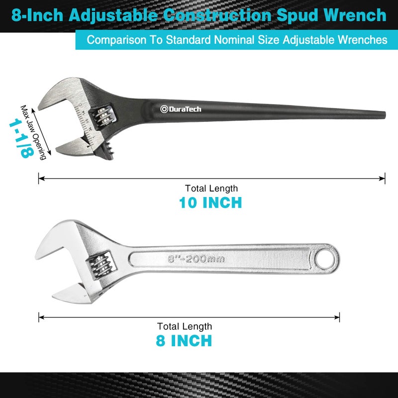 DURATECH 8-Inch Adjustable Construction Spud Wrench, Black Oxide Finish, CR-V Steel, SAE and Metric Scale Marked, Alignment Holes and Tail Crowbar Features - Image 2